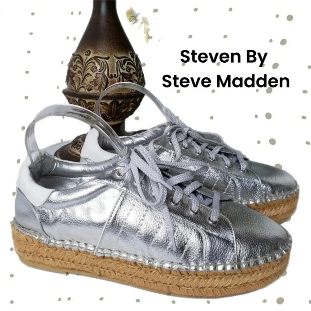 Steven By Steve Madden Womens Silver-Parade Espadrilles Flatform Shoes Sz 10B